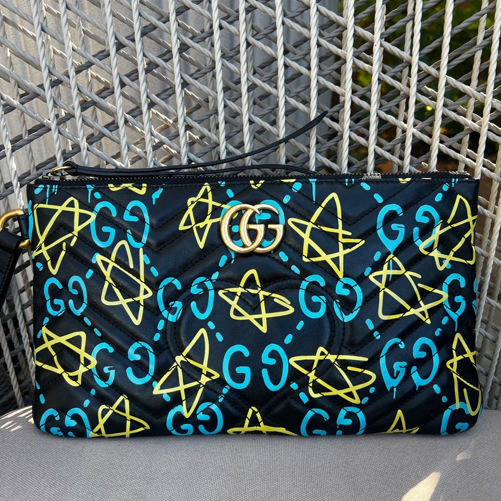 *RARE* Gucci Ghost Clutch Wristlet Pouch Mini Marmont Black Heart Purse Chevron